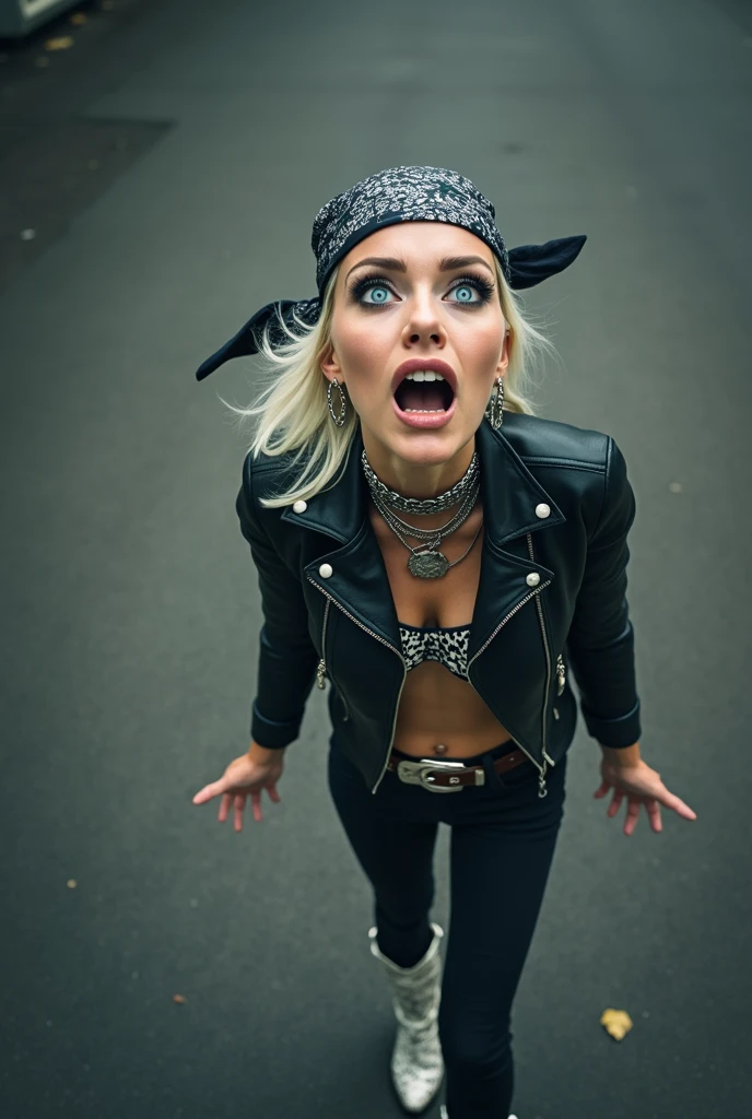 russian woman, platinum blonde hair with black parsley bandana, with very light blue eyes, pale, heavy eye shadows. Sad face, smeared make up, runny mascara. Wearing black moto jacket, leopard print bra, black skinny jeans and black snakeskin cowboy boots . Lots of metallic braceles and collars. Tacky leather belt with oversized buckle. Wide loop earrings. Scared face full of repentance. She thinks she is seeing God. Mouth open 