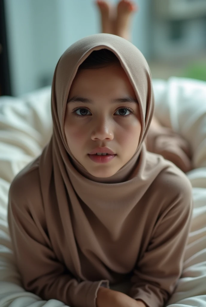 NSFW (masterpiece, top quality, best quality, extreme detailed, colorful, highest detailed, Dreamy Atmosphere, Bright color, real photo, real skin. Hyper realistic, 1girl,malaysian young girl, wearing hijab , looking sharp to the viewer, detailed skin, city street background, slender body, lie down above view on a hotel's bed, ((open legs, M-legs position:1.5)), showing vagina, morning time, small breasts. She's naked, freely pose, soft front studio lighting, whole full body