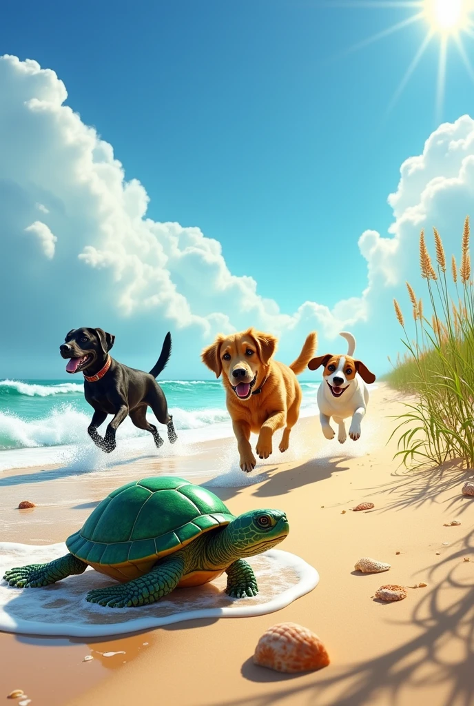A turtle running on the edge of the sea chased by some dogs