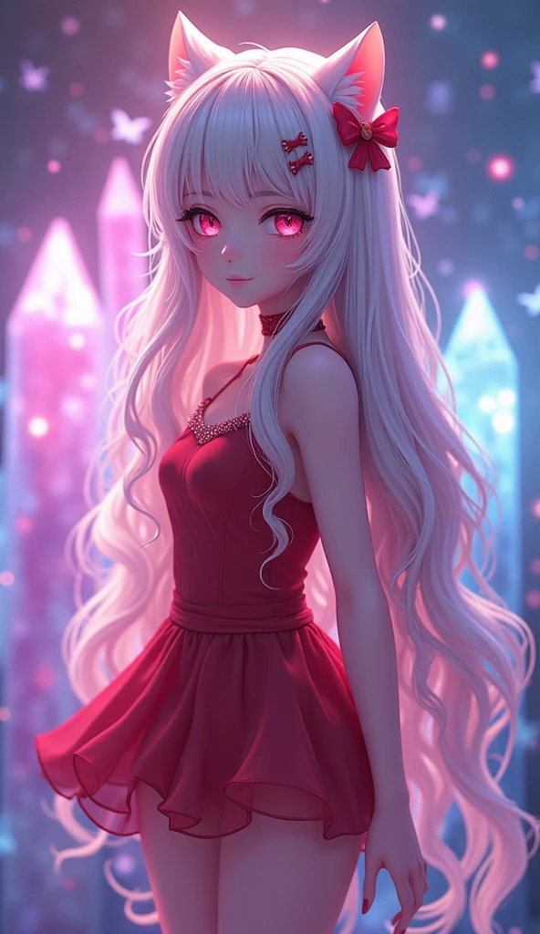 photorealistic,Realistic illustration in Modelshoot style,((masterpiece)),((The best quality)),((Ultra Quality)),((ultra detailed)),((1girl long white hair)),((Only)),((waifu:1.5)),Perfect anatomy,perfect hands,beautiful cuerpo,beautiful_method,ulzzang-6500-v1,e-chica,Exceptionally Beauty Waifu Princess Mary R., intricate details, realist, photorealist, Full Body Portrait, Instagram Photo of a woman wearing aretes, Mary R., inspired by Emma Andijewska, wrapped in crystals,(masterpiece:1.3), (Best Quality:1.3), (Ultra-detailed:1.2), ((kawaii)), Cute, (lovely), ((sexy)), ((Extremely detailed)), 4K, (8K), Best Quality, (Beautiful), Illustration, anime style, (bold line:1.2), Gradation,(best quality, ultra-detailed, photorealistic: 1.39), bright and vibrant colors, studio lighting, (Perfect eyes:1.2), (Perfect iris:1.2), romantic kawaii expression, cute delicate smile, kawaii makeup, 17-year-old e-girl, short red dress, platinum braided and curl white hair, cat ears, big breasts, fit, long wavy hair, mercenary, Mary R.,((bright-pink_eyes)),long wavy hair,hair clips,eyeliner,cute makeup,lipstick,Glossy lipstick,with a look of terror, worry and sadness,((eyes detallados perfectos)),rainy with fog outside,evening,pink theme,bioluminiscencia,light particles,((Extremely CG Unity 8K Wallpaper)),((cinematic lighting,Best quality lights)),intricate details,Suave,sharp focus,Extremely beautiful and aesthetic,Octane rendering,Full length portrait,damp skin,((Perfect detailed body)),