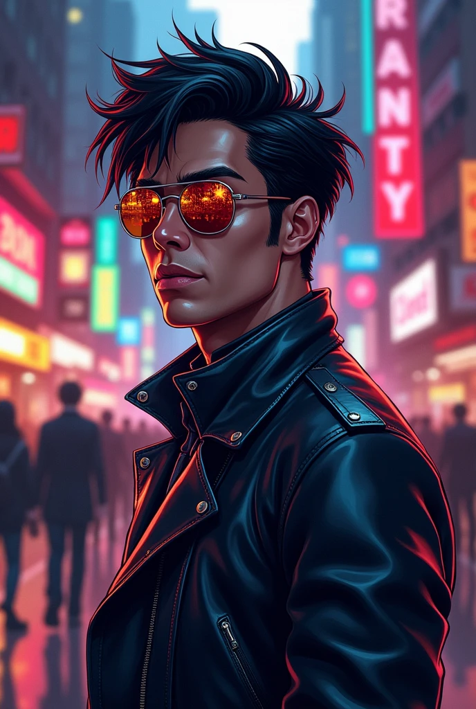 Genrate a image digital artwork of male character with black hair, wearing sunglasses and a jacket