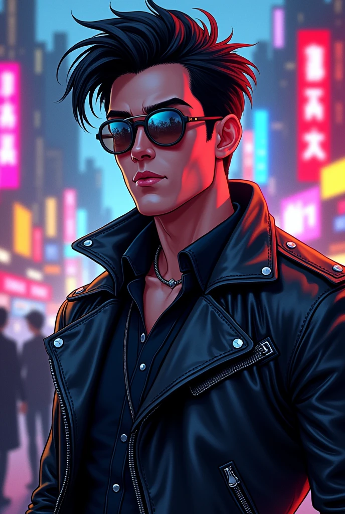 Genrate a image digital artwork of male character with black hair, wearing sunglasses and a jacket