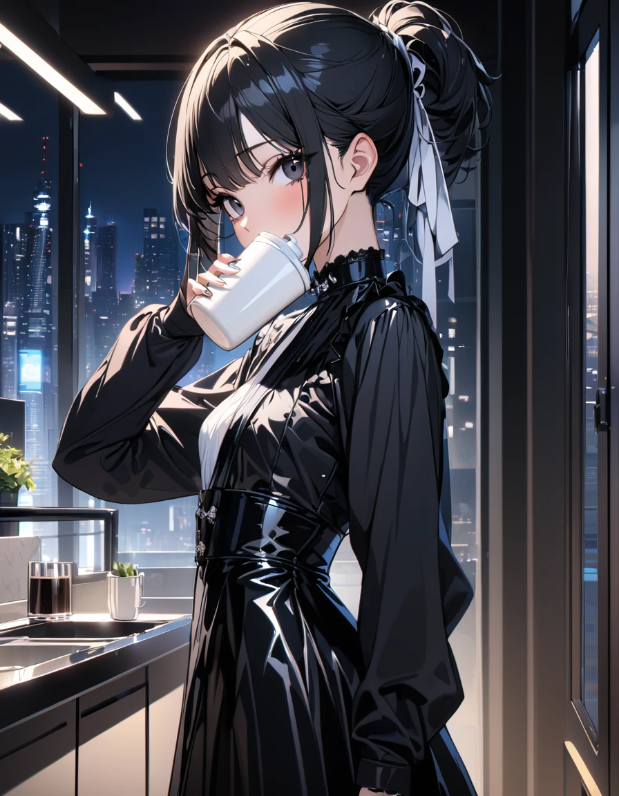 (masterpiece)、(absurdres)、(ultra detailed)、(8k),solo lady,shiny black hair,shiny dark eyes,looking viewer,short highponytail,(1white ribbon;1.1),(small breast:0.9),(Gothic dress:1.1),(Long sleeve),Cup covering mouth,Drinking iced milk、potrait shot,Modern interior,Midnight cityscape、side view,