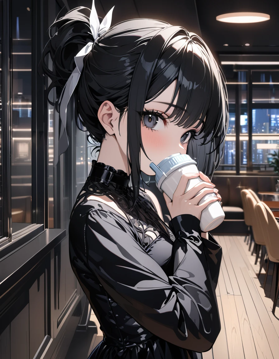 (masterpiece)、(absurdres)、(ultra detailed)、(8k),solo lady,shiny black hair,shiny dark eyes,looking viewer,short highponytail,(1white ribbon;1.1),(small breast:0.9),(Gothic dress:1.1),(Long sleeve),Cup covering mouth,Drinking iced milk、potrait shot,Modern interior,Midnight cityscape、side view,
