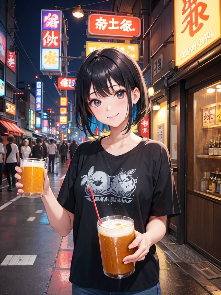 High resolution,Perfect Anatomy,Accurate anatomy,1 person ,,Trending Hair,Trending Hair color,Trendy T-shirt,Summer Trend Fashion,Mr.々A style
Future city Tokyo, comfortable, Modern Izakaya, Cheerfully holding a frosty mug of draft beer in both hands. she is smiling brightly, With a happy face. The city's neon lights and the izakaya's vibrant signboards are reflected in the glass windows. The girl has short black hair, Properly styled, and、Sporting a stylish jacket and shimmering accessories、Casual wear with a slightly futuristic touch. The atmosphere around her is warm, Vibrant, and満ち溢れる喜び.