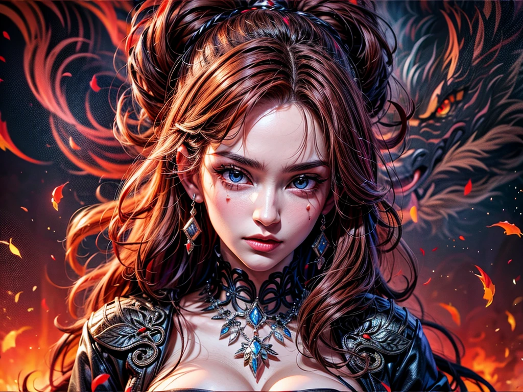 a portrait of vampire with a bloody tear coming down from he eye, an exotic beautiful female vampire, red hair color, dynamic hair style, ultra detailed face, best detailed face, silver eye color, ((1single red teardrop: 1.3)), ((tear drop made from blood)), ((teardrop coming down from the eye: 1.3)), small cleavage, wearing two black diamond earrings, Ultra-high resolution, High Contrast, (masterpiece:1.5), highest quality, Best aesthetics), 16K fantasy art, best details, best quality, highres, (ultra wide angle: 1.2), 16k, [ultra detailed], masterpiece, best quality, (extremely detailed),  Daily-Challenge, FANTASIA
