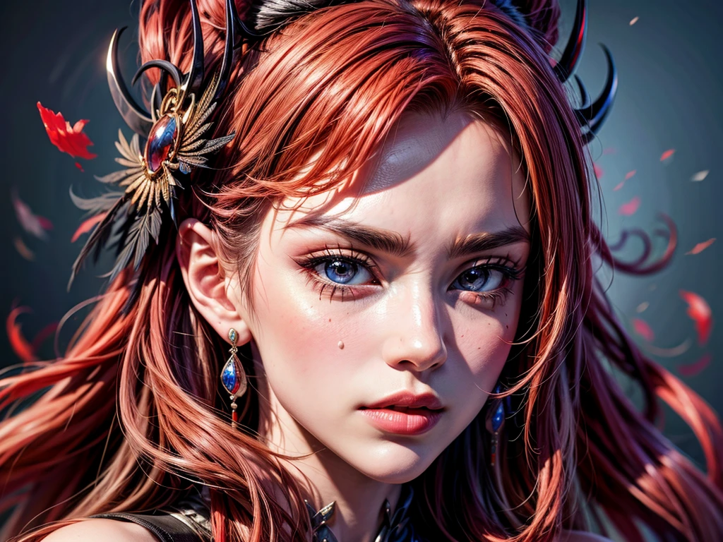 a portrait of vampire with a bloody tear coming down from he eye, an exotic beautiful female vampire, red hair color, dynamic hair style, ultra detailed face, best detailed face, silver eye color, ((1single red teardrop: 1.3)), ((tear drop made from blood)), ((teardrop coming down from the eye: 1.3)), small cleavage, wearing two black diamond earrings, Ultra-high resolution, High Contrast, (masterpiece:1.5), highest quality, Best aesthetics), 16K fantasy art, best details, best quality, highres, (ultra wide angle: 1.2), 16k, [ultra detailed], masterpiece, best quality, (extremely detailed),  Daily-Challenge, FANTASIA
