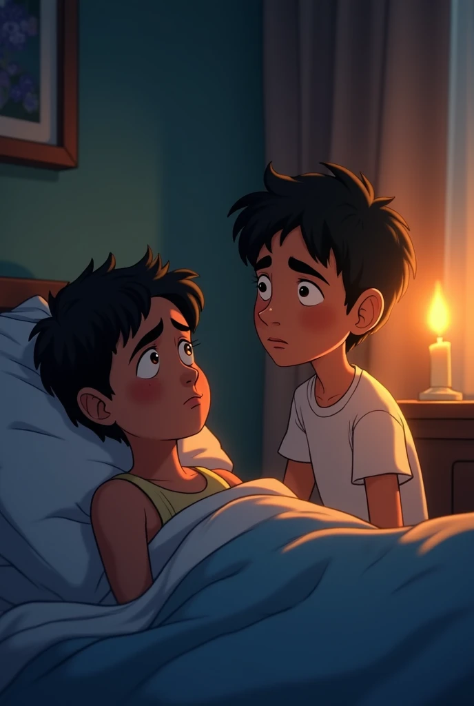 One day, Rahul falls ill and lies in bed. His eyes show exhaustion and concern. Tony stays quietly by the bed, his eyes filled with deep worry and affection. He stays awake by Rahul's side through the night, caring for him and remaining with him during his illness. Rahul's eyes convey gratitude and deep affection for Animation style 3rd