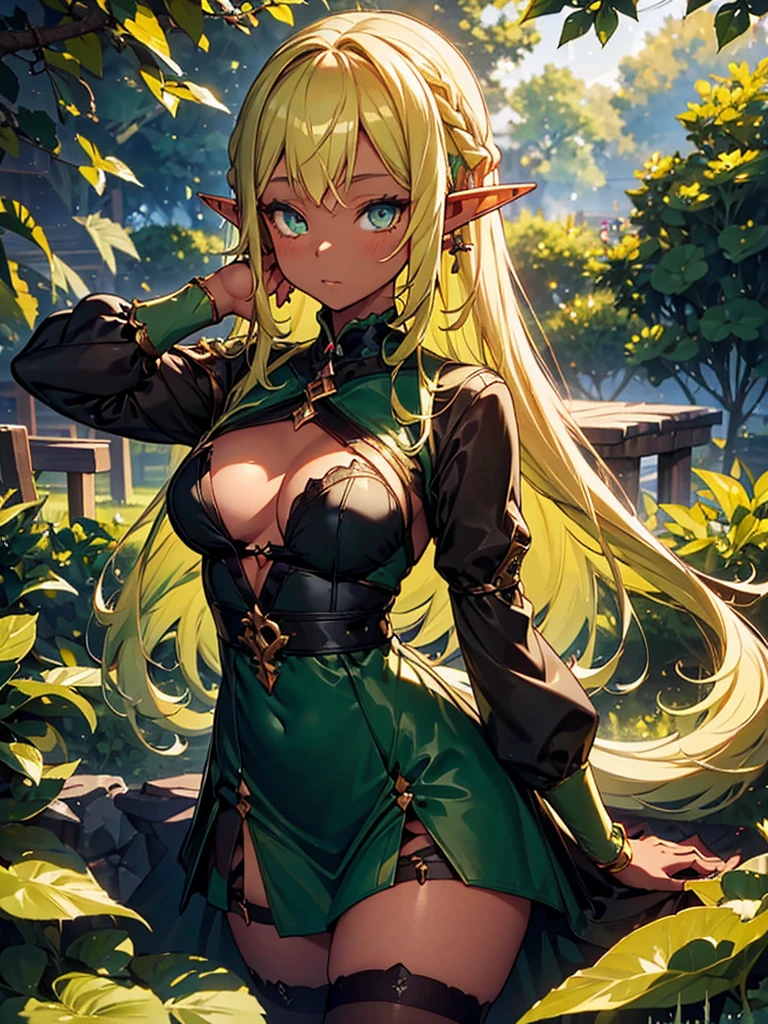 (Elf Girl:1.3)((Dark Skin:1.5,Golden eyes:1.4,Bright green hair:1.3,Gal Style,big ,)),, (Long blonde hair:1.2), (Bright green eyes:1.3), (Black Dress:1.2), (Seductive pose:1.1), (Raise your hand:1.0), (Detailed clothing:1.1), (Pointy Ears:1.2), (Delicate Jewelry:1.1), (Shadowverse Style:1.2), (Beautiful anime art:1.2), (Feminine beauty:1.1), (gentle blush:1.0), (Subtle lighting:1.0), (White Background:1.0)