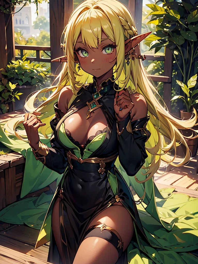 (Elf Girl:1.3)((Dark Skin:1.5,Golden eyes:1.4,Bright green hair:1.3,Gal Style,big ,)),, (Long blonde hair:1.2), (Bright green eyes:1.3), (Black Dress:1.2), (Seductive pose:1.1), (Raise your hand:1.0), (Detailed clothing:1.1), (Pointy Ears:1.2), (Delicate Jewelry:1.1), (Shadowverse Style:1.2), (Beautiful anime art:1.2), (Feminine beauty:1.1), (gentle blush:1.0), (Subtle lighting:1.0), (White Background:1.0)