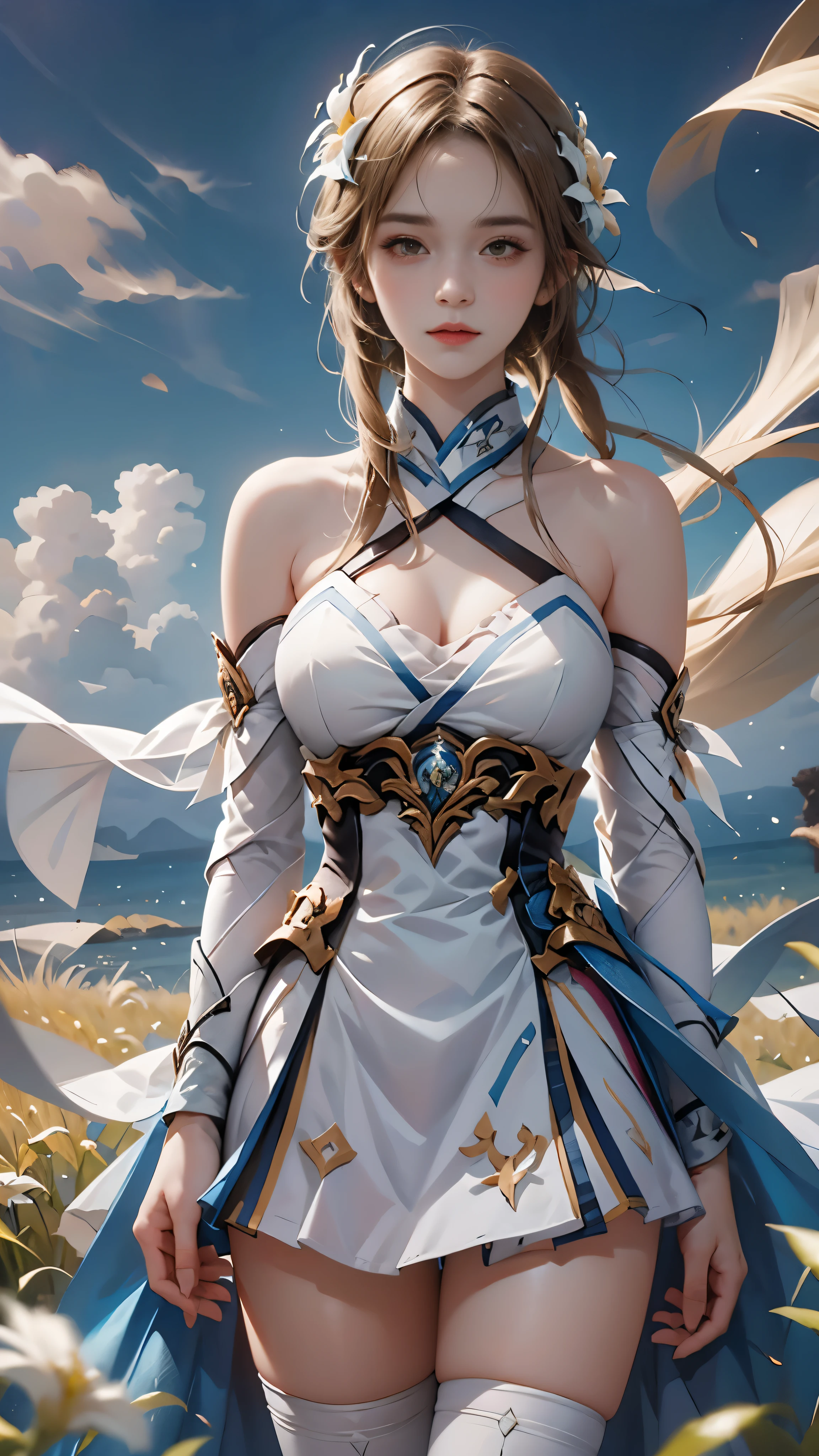 masterpiece,best quality,High target质量,High target清晰度,High target质量的纹理,High target质量的阴影,High target细节,Beautiful details,Fine details,Extremely detailed CG,Detailed texture,lifelike的面部表现,lifelike的,Colorful,Beautifully,Clear focus,(Intricate details,Pure face_v1:0.5),(细节美Beautifully脸,(细节美Beautifully眼睛),perfect比例的脸,High targetSkin details,Skin details,best ratio of four fingers and one thumb,emaciated:1.3),1 girl,,High target,(光滑的Abdominal muscles:1.55),(Abdominal muscles:0.5),beautiful,perfect,High target,((Bare shoulders)), ((The skirt is very short)), (Long legs),(Straight Legs),(Thin waist),((White skin)),White skin,((White skin)),(Emma Watson),Large Breasts,((bule)),Light Blonde Hair,Stand with your legs apart,Looking at the audience,whole body,Portrait of cute blonde girl,((Standing in the wheat field,look into the distance)),bloom,Orange Fog,Sporty,A strand of hair,lifelike,High target品质渲染,Amazing Art,High target品质,film texture,Fuji XT3,Dream