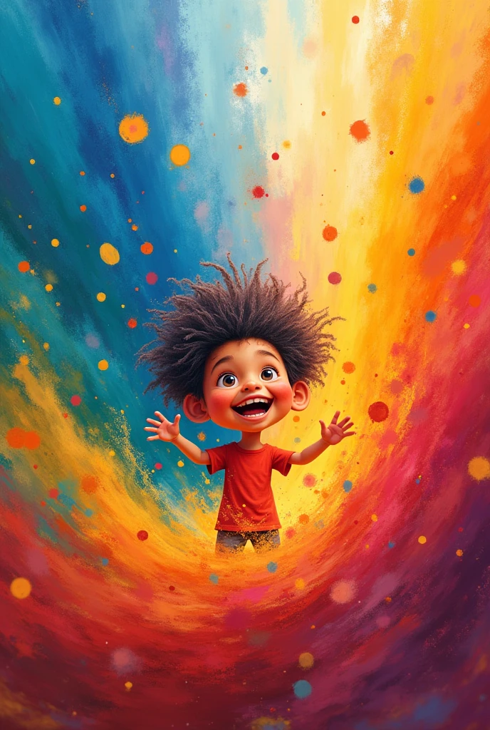 Je veux une image avec plusieurs couleurs qui se mélange avec un simple personnage qui sourit joyeusement sans decors.