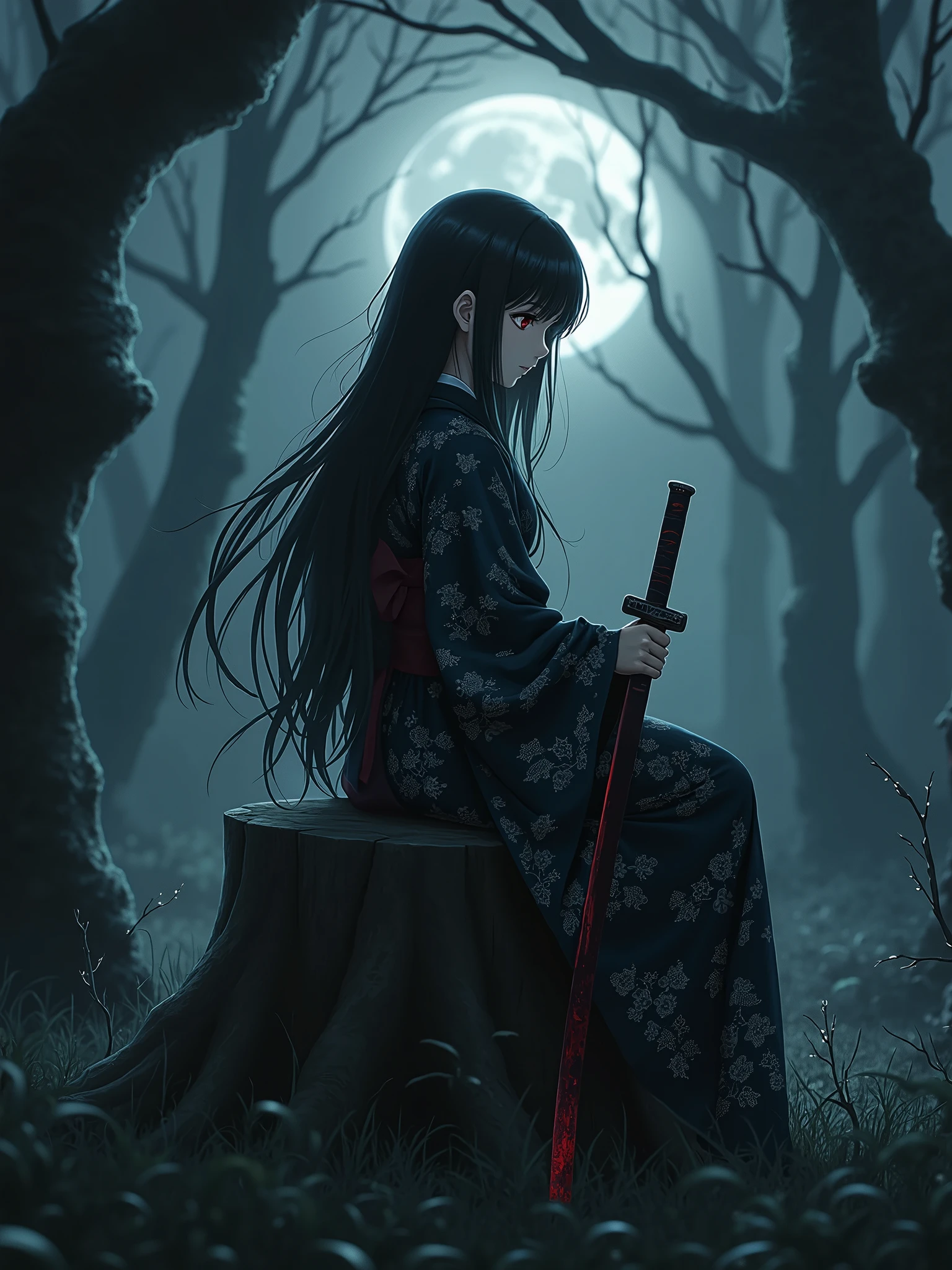 (ethereal dark fairy tale by Nicola Samori, JC Leyendecker), young anime girl sitting in a dark forest holding a bloody katana with the tip pointing up, dark kimono, (dark + gothic, + foreboding background:1.4), more detail XL