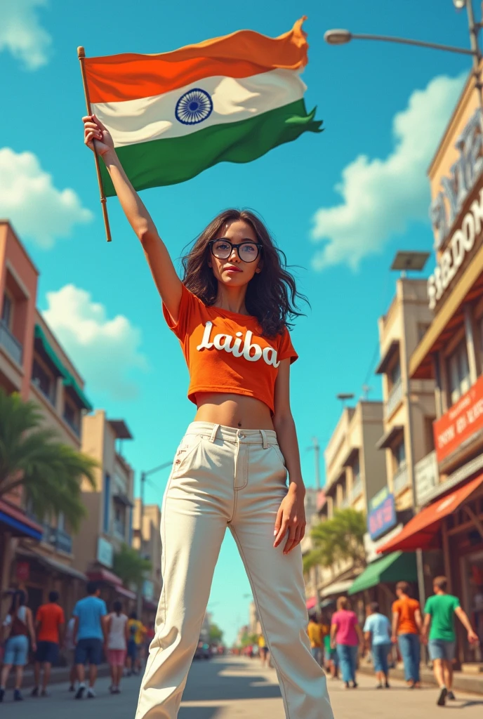 A real25"years old girl, Wearing frock and white trozar_ sneakers and the name “ laiba is written on frock black glasses her eyes hand the is standing on the road with holding a national of and behind him is the And written on sky Create Realistic image high quality..