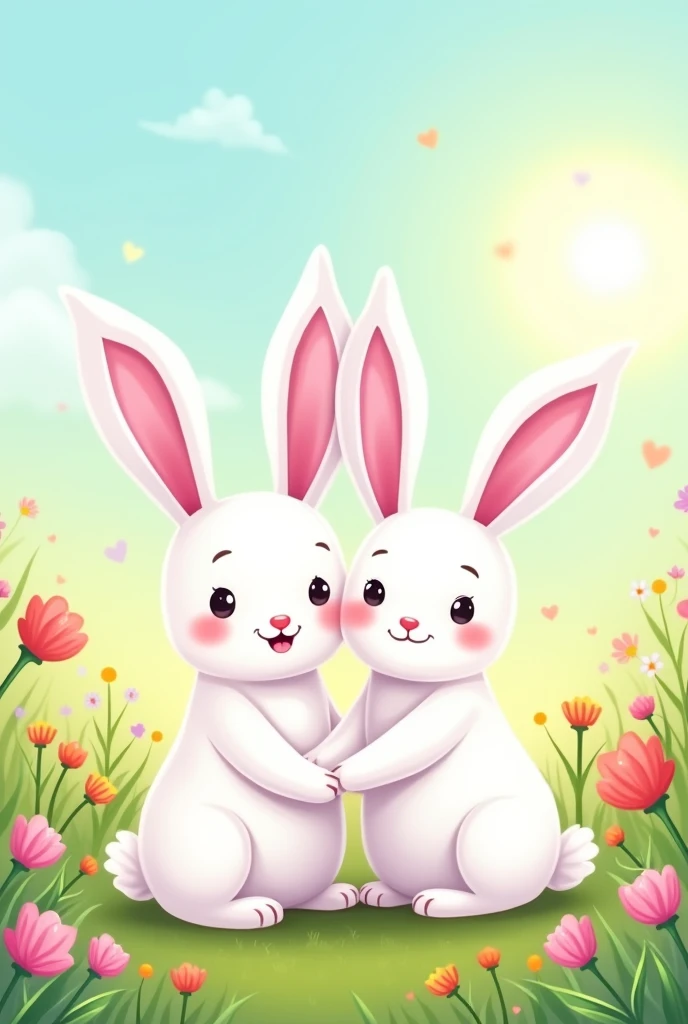 Create 2 white friendship bunnies, one with pink ears and the other with purple ears., that they are flat, not 3D