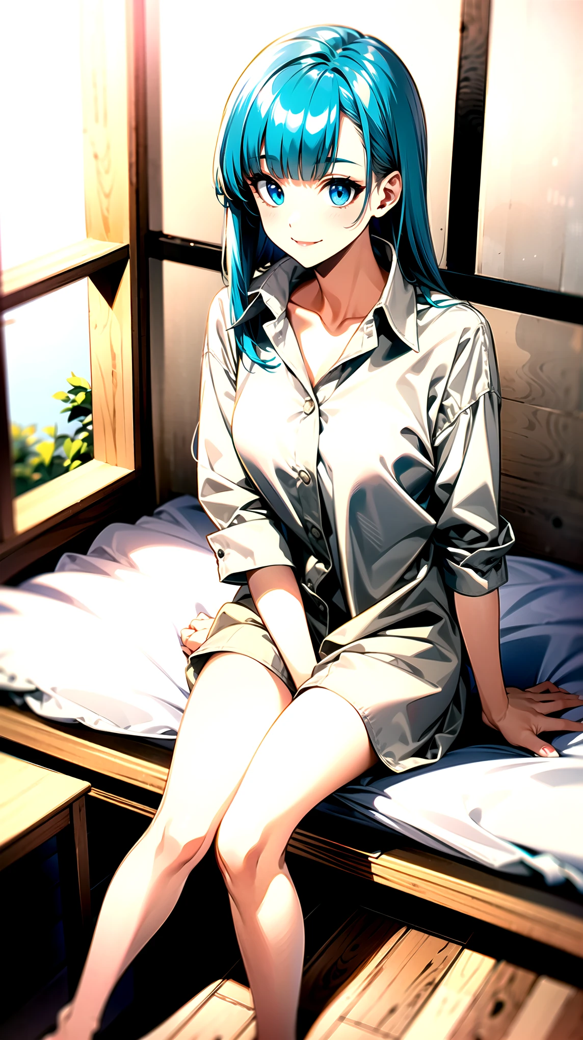 （（super high quality,Ultra-high resolution,4K,8k,super masterpiece,Ultra HD ,Detailed shading））,Full body photo,By the window in the morning sun,Sit on the bed,1 high school girl,popped collar White shirts,Tight collar,Bend your sleeves up to your elbows.,Straight emerald blue hair that extended to her shoulders,Side-swept bangs,Light blue eyes,Sharp gaze with raised eyebrows,smile,