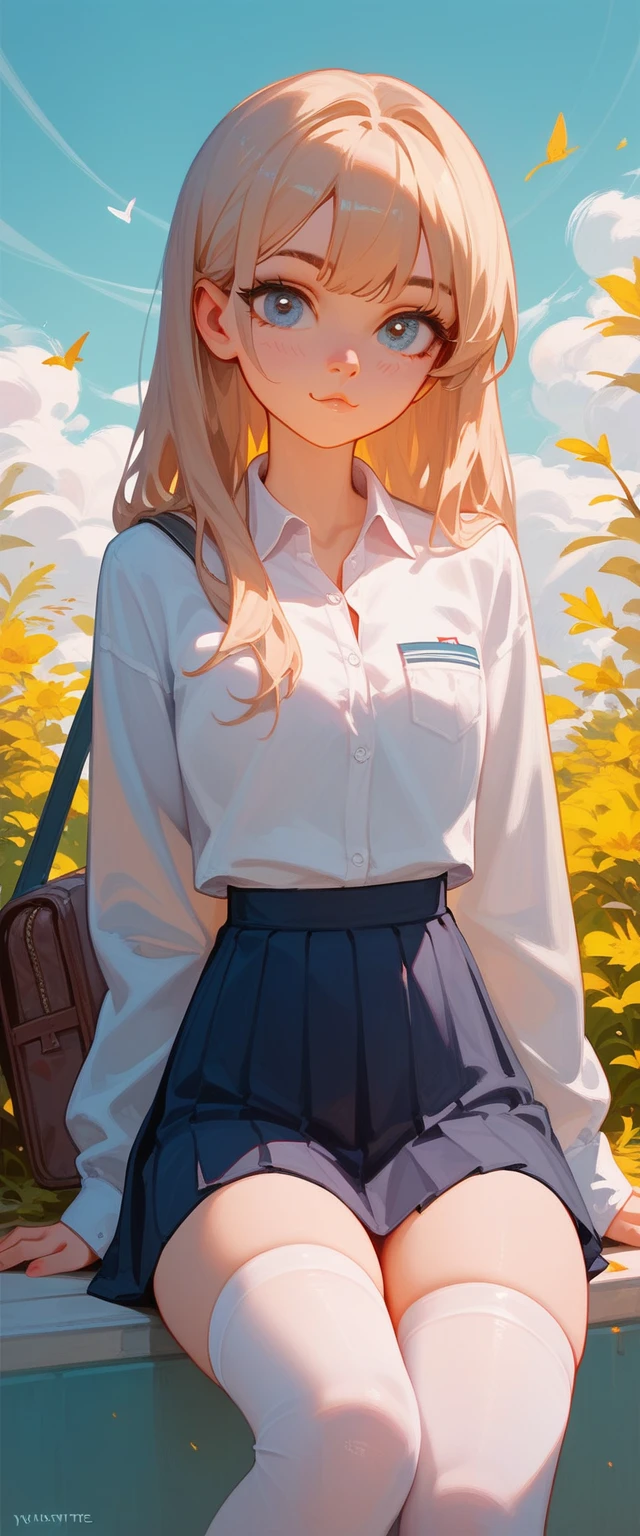 score_9_up, score_8_up, score_7_up, 1 girl, teenager, 17 y. o., (lewd), Russian, schoolgirl, cute face, (horny), hot, high white stockings, medium thighs, (beautiful), (masterpiece), very aesthetic, best quality, expressive eyes, perfect face