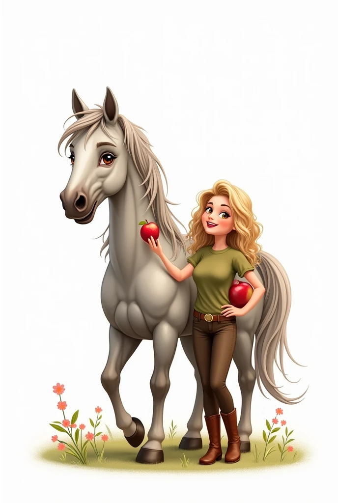 Petites illustration sur fond blanc. Un cheval gris pomelé gris-marron sur tout le corps et la tête, crins gris-marron clair, yeux marron, tâche rose sur le bout du nez à gauche. Dans différentes situations : debout, au galop, qui mange.
À côté d’une femme aux cheveux longs, bouclés, châtain avec un ombré hair blond, yeux noisette, t-shirt vert kaki, pantalon d’équitation marron avec ceinture et boots marron. Elle donne une pomme au cheval