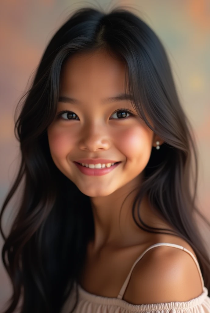 Une fille aux cheveux noirs, smooth , long. She has full lips and black pupils.. She has a light caramel complexion.. With rosy cheeks and a big nose and a dimpled face and a receding forehead and a thin chin