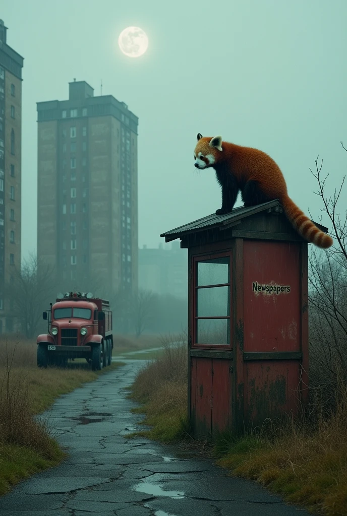 Melancholy landscape of an abandoned Soviet city, shrouded in fog and pouring rain. In the foreground - a cute red panda with large, with thoughtful eyes, sitting on the ruins of an old kiosk with the inscription “Newspapers”. In the distance you can see tall Stalinist buildings with collapsed roofs, overgrown with grass and bushes. A rusty Soviet fire engine, with a lowered ladder, It stands near a kiosk, as if frozen in its last call. A dim moon shines in the sky, and raindrops fall on the cracked asphalt. Color scheme - dark tones with a predominance of gray, red and green. Style - photorealism with the effect of old film.