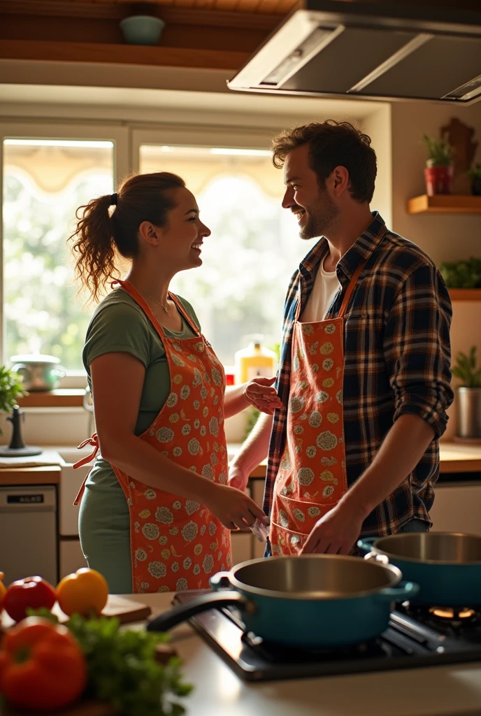 Husband wearing wife clothes and wife wearing husband clothes while cooking