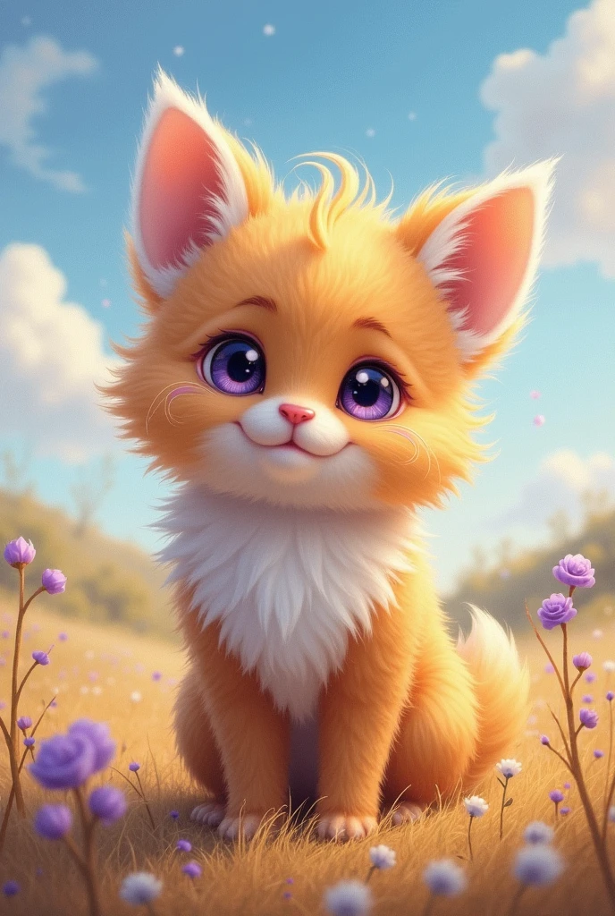 cute fluffy fairy tale creature, full length, tail one, amber fur with purple hairs, very beautiful, sparkling eyes, Beautiful expressive eyes, digital, pastel drawing, magic, A distant view of the background with 'Korsacova' written on it