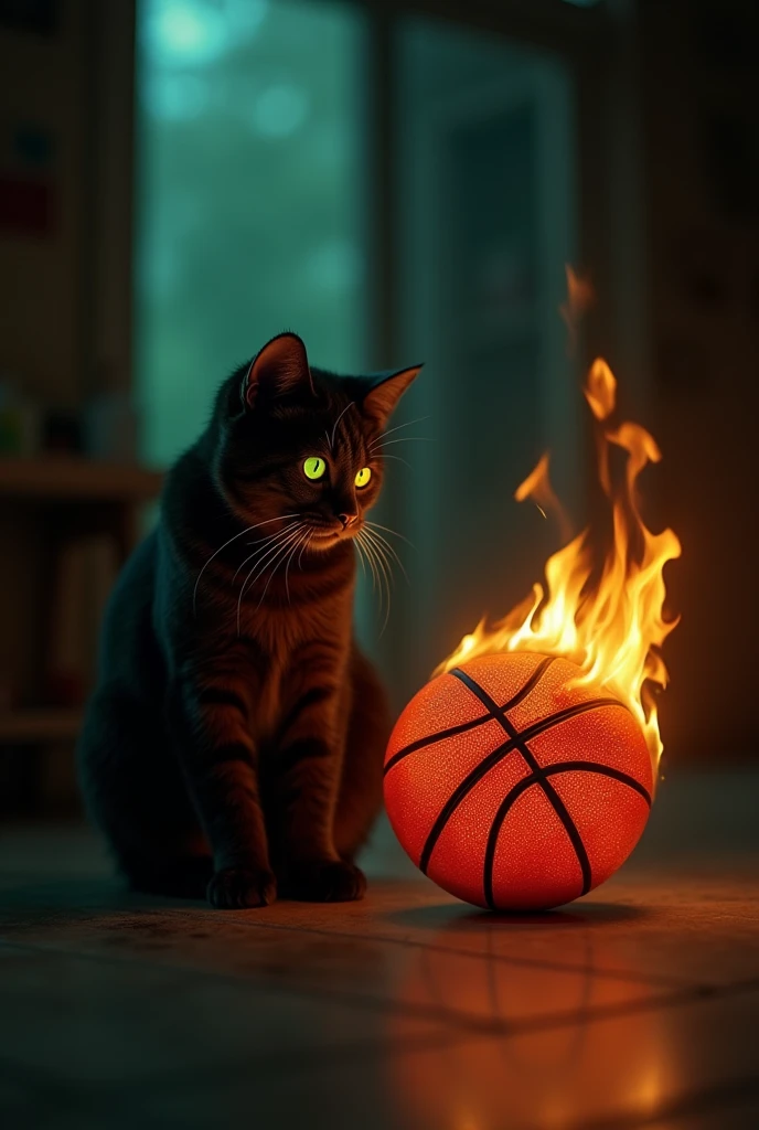 Lonely cat in the darkness watching a basketball on fire