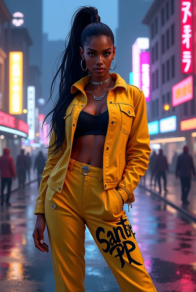GTA RP character, feminine, skin black, long hair tied up, yellow jacket and pants, with writing on the clothes Santora rp, 4k image