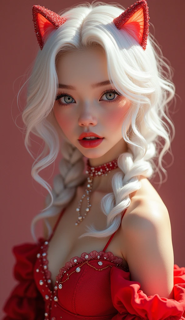 (masterpiece, Best Quality), intricate details, realist, photorealist, Full Body Portrait, Instagram Photo of a woman wearing aretes, Mary R., inspired by Emma Andijewska, wrapped in crystals,(masterpiece:1.3), (Best Quality:1.3), (Ultra-detailed:1.2), ((kawaii)), Cute, (lovely), ((sexy)), ((Extremely detailed)), 4K, (8K), Best Quality, (Beautiful), Illustration, anime style, (bold line:1.2), Gradation,(best quality, ultra-detailed, photorealistic: 1.39), bright and vibrant colors, studio lighting, (Perfect eyes:1.2), (Perfect iris:1.2), romantic kawaii expression, cute delicate smile, kawaii makeup, 17-year-old e-girl, short red dress, platinum braided and curl white hair, cat ears, big breasts, fit, long wavy hair, mercenary, Mary R.