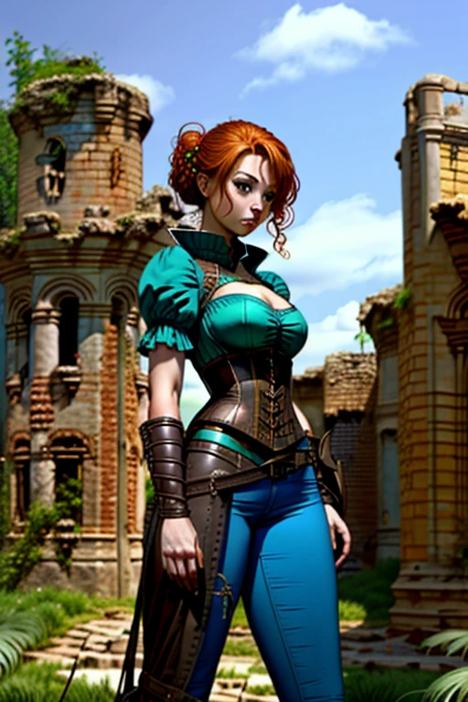 medieval RPG character painting ginger hair upsweep updo swashbuckler rogue corset shirt teal leather pants (straps buckles:1.2) armor indoors overgrown ancient ruins
(masterpiece:1.4) (best quality:1.4) (8k) (HDR) (wallpaper) (cinematic lighting) (sharp focus) (intricate) MaraNobodySD15 Style-Sylvamagic