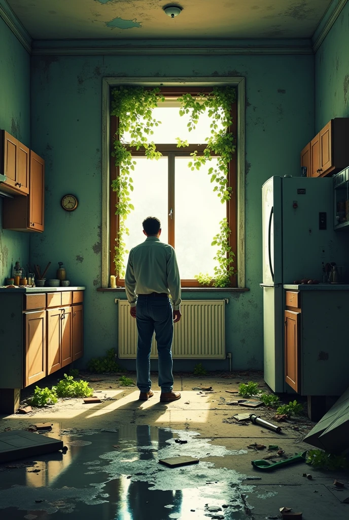 Master chef post war kitchen
there is a man , Abandoned, distorted and disproportionate kitchen, post-war, No people, puddle of water, infiltration on the wall and ceiling, refrigerator with rusty door between open and stain of infiltration, wooden cabinet with rusty door between open and stain of infiltration, floor with floor with infiltration stains and missile on the floor next to the refrigerator, plants on the ceiling and wall invading the space.
Soft light coming through the open wooden window with broken glass.
Intricate details, simple and spontaneous lines, humorous, graphic illustration style, 4k definition with measurements of 3840 x 2160 pixels, front view of the scene