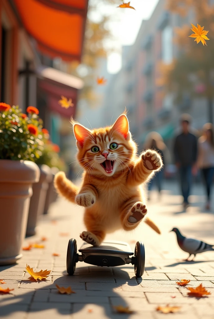 An orange cat named suga falling of  an electric kickboard 