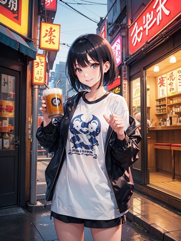 High resolution,Perfect Anatomy,Accurate anatomy,1 person ,,Trending Hair,Trending Hair color,Trendy T-shirt,Summer Trend Fashion,Mr.々A style
Future city Tokyo, comfortable, Modern Izakaya, Cheerfully holding a frosty mug of draft beer in both hands. she is smiling brightly, With a happy face. The city's neon lights and the izakaya's vibrant signboards are reflected in the glass windows. The girl has short black hair, Properly styled, and、Sporting a stylish jacket and shimmering accessories、Casual wear with a slightly futuristic touch. The atmosphere around her is warm, Vibrant, and満ち溢れる喜び.