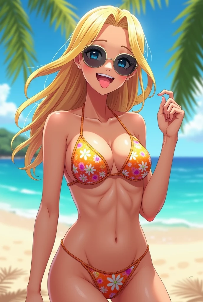 One person, smile, Blonde, Large Breasts, anime, High resolution, 最high quality, high quality, Textured skin, Shortcuts, Sticking out tongue, sunglasses, Ocean,Beach,bikini,Palm tree,sexy,