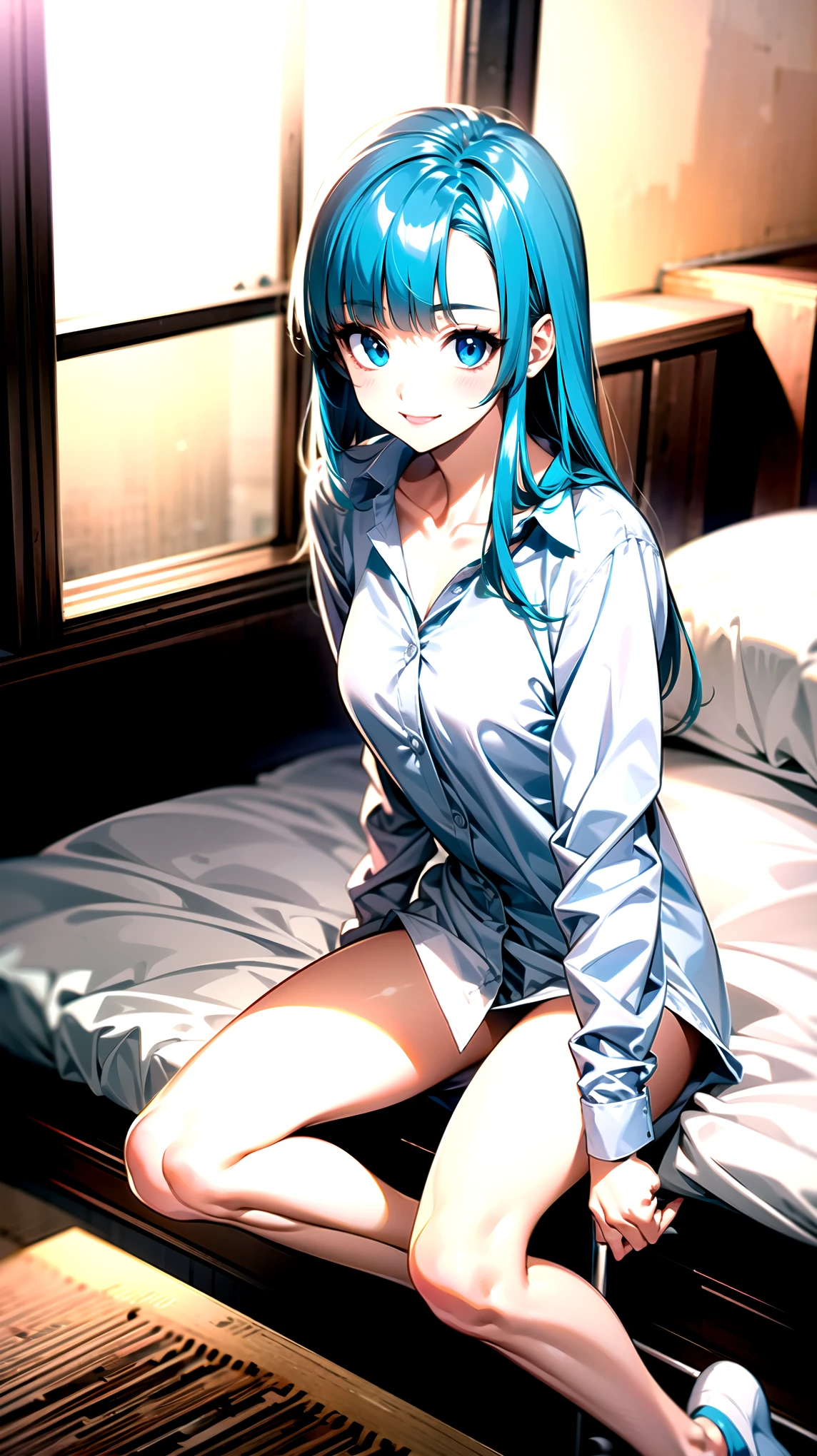 ((super high quality,Ultra-high resolution,4K,8k,super masterpiece,Ultra HD ,Detailed shading)),Full body photo,By the window in the morning sun,Sit on the bed,1 high school girl,popped collar White shirts,Tight collar,Bend your sleeves up to your elbows.,Straight emerald blue hair that extended to her shoulders,Side-swept bangs,Light blue eyes,Sharp gaze with raised eyebrows,smile,
