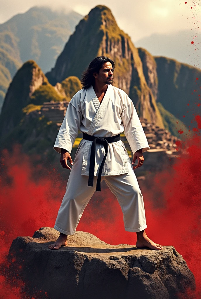 An Inca karateka wearing a white karate uniform and black belt standing on a rock, with a silhouette of a Machu Picchu painting in the background, with red paint splashes and streaks., negro, white and gold 