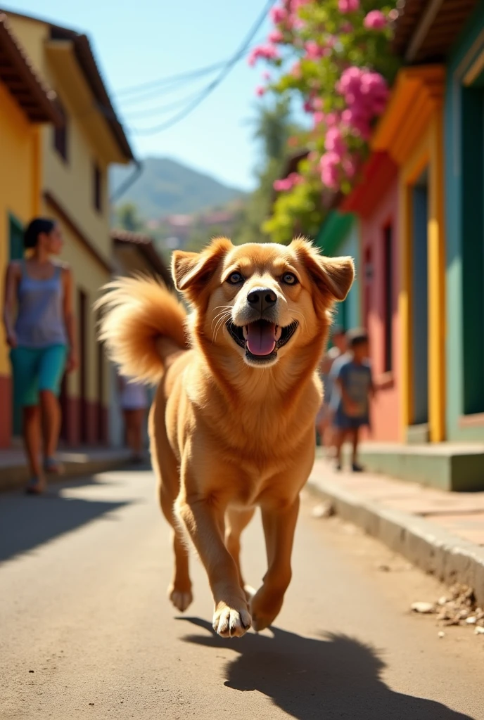 medium sized dog with caramel coat color and happy expression on a neighborhood street in Brazil, (work of art:1.2), best qualityer, high qualiy, high resolution, (hyper detailled), detailed back ground, commemorative photograph,