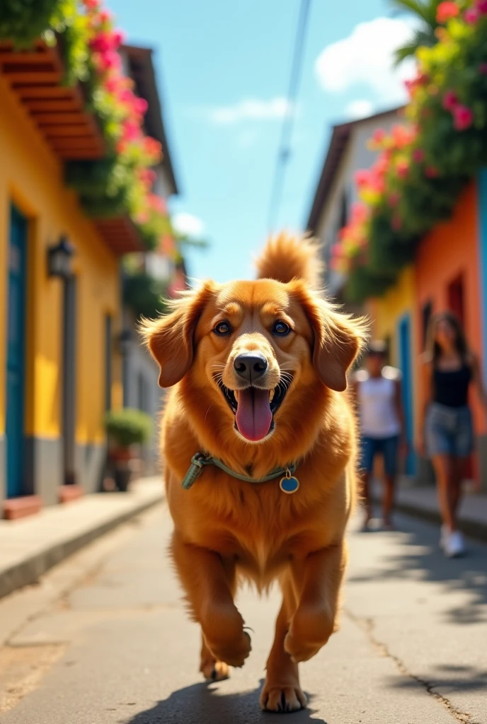 medium sized dog with caramel coat color and happy expression on a neighborhood street in Brazil, (work of art:1.2), best qualityer, high qualiy, high resolution, (hyper detailled), detailed back ground, commemorative photograph,