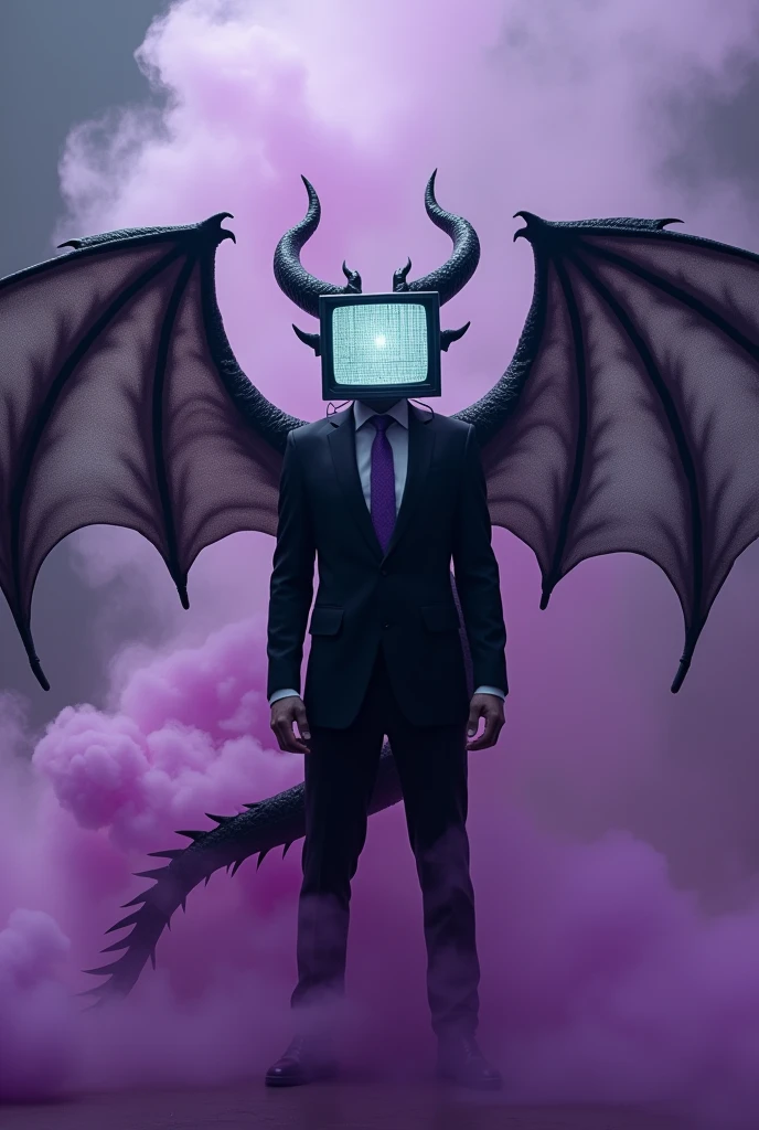 A man with tv head, blank screen and Ying yang colored sea dragon ears, 1 horn and 1 antena. Using a black suit and purple tie. Black and white colored dragon wings and purple tail, fierce. purple smokes effect around him