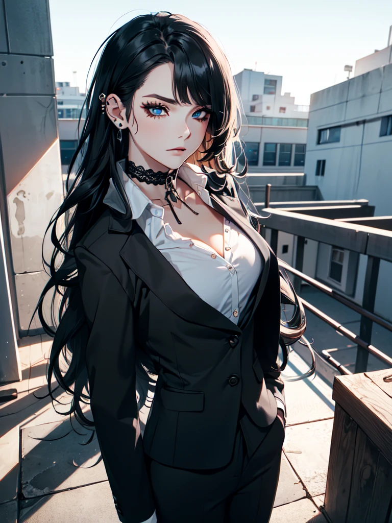 emo_hairstyle, ((tight black suit)), (black lace blazer), black tie, ((long hair)), ((straight hair)), (((black hair))), side swept bangs, white skin, pale, white, (blue eyes), tired expression, choker, ((dark makeup, mascara, eyeshadow)), multiple piercings, best quality, 8k, school rooftop, dim lighting, white shirt, erotic
