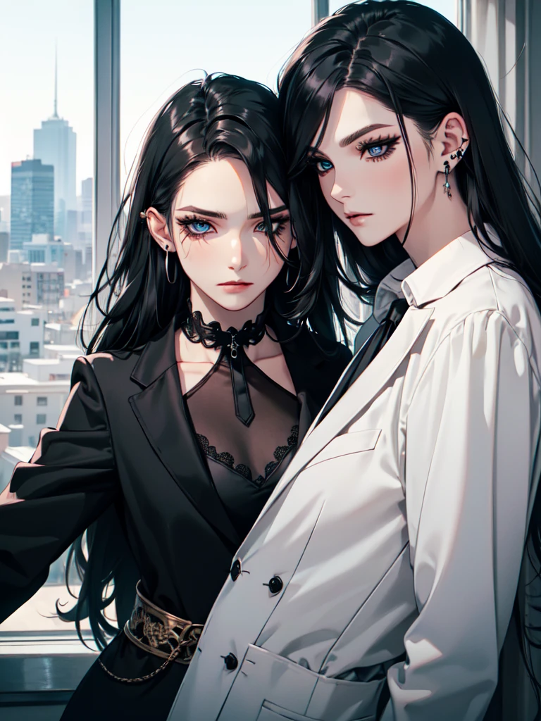 emo_hairstyle, ((tight black suit)), (black lace blazer), black tie, ((long hair)), ((straight hair)), (((black hair))), side swept bangs, white skin, pale, white, (blue eyes), tired expression, choker, ((dark makeup, mascara, eyeshadow)), multiple piercings, best quality, 8k, school rooftop, dim lighting, white shirt, erotic
