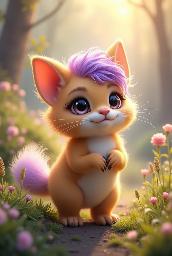 cute fluffy fairy tale creature, full length, tail one, amber fur with purple hairs, very beautiful, sparkling eyes, Beautiful expressive eyes, digital, pastel drawing, magic, view from afar