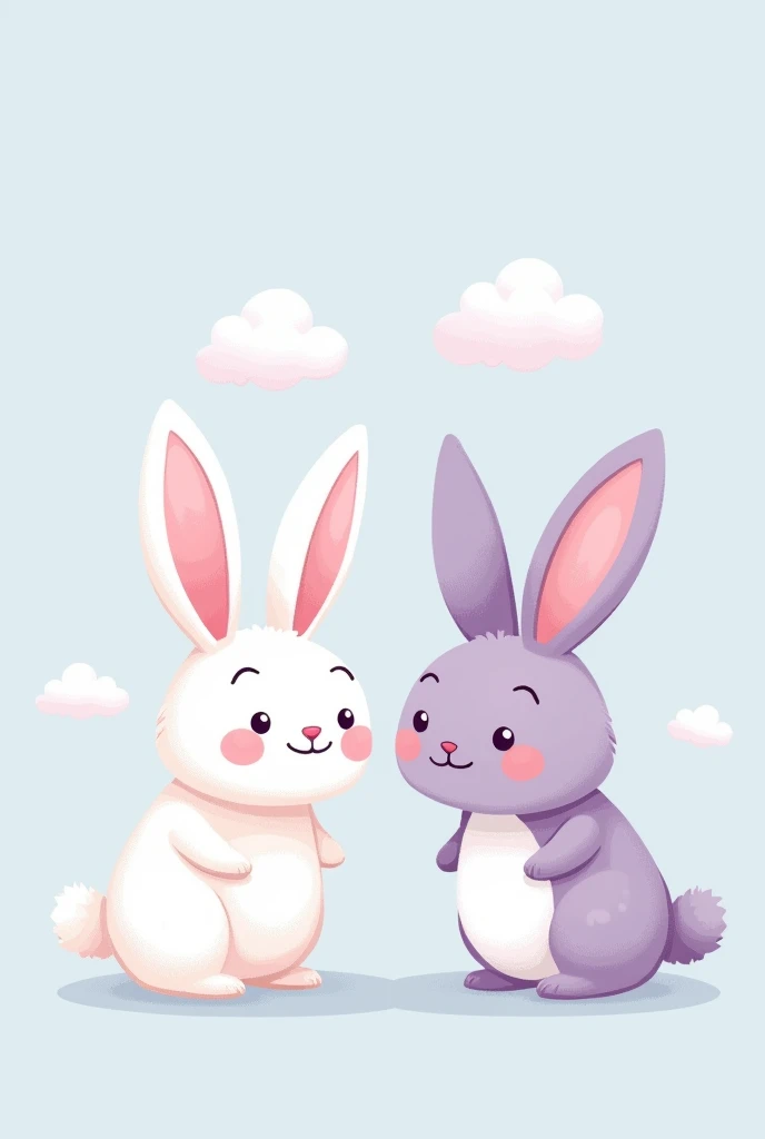 Create 2 white friendship bunnies, one with pink ears and the other with purple ears., that they are flat not in 3d
That they are separated