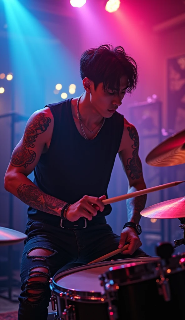 a very powerful rocker drummer like emil vergo, he is wearing sleeveless black shirt and jeans, handsome, korean, nice body, ripped black jeans, tattoo, black hair, playing drum, energic, cinematic, studio background