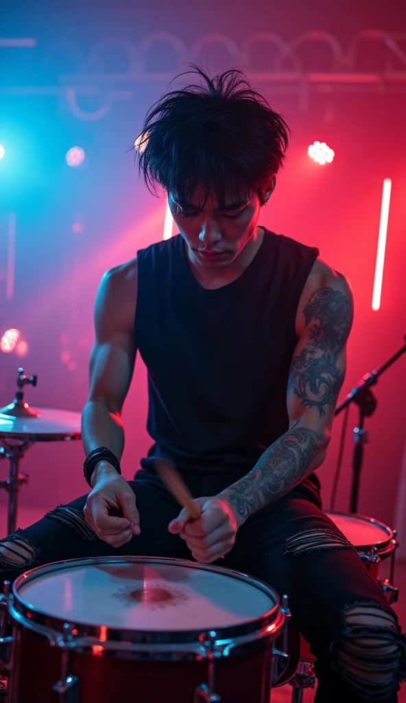 a very powerful rocker drummer like emil vergo, he is wearing sleeveless black shirt and jeans, handsome, korean, nice body, ripped black jeans, tattoo, black hair,  playing drum, energic, cinematic, studio background 