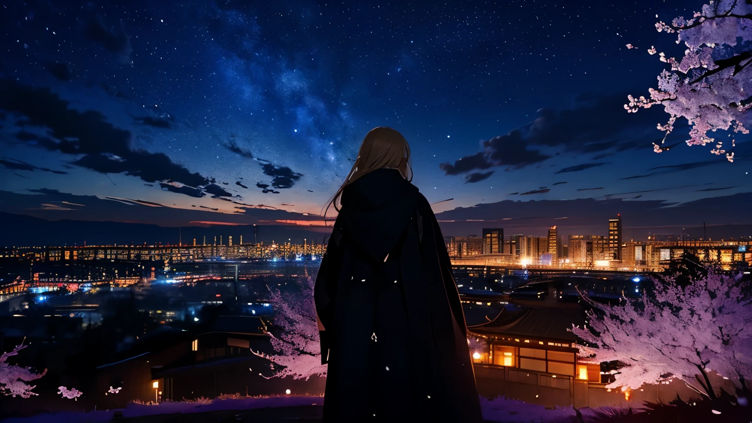 １people々々々,Blonde long hair，Long coat，silhouette， Rear View，Space Sky, milky way, Anime Style, cherry blossoms，夜cherry blossoms，辺り一面に舞うcherry blossoms吹雪，Night view of the city from the mountainside，