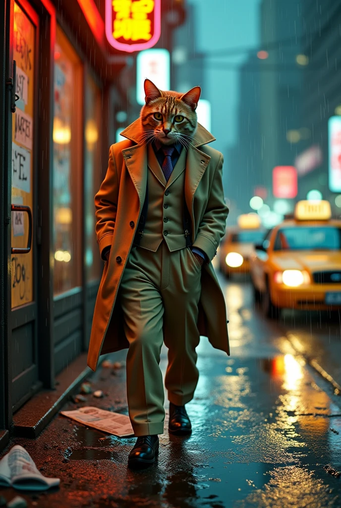 Drawing of a humanized scaled cat, wearing a beige overcoat, loose pants with suspenders and dress shoes, smoking a cigarette. Walking through the streets of a big city at night. The weather should be rainy and foggy, and there should be cars and taxis nearby. The lights in the buildings should be on and some graffiti on the walls. The floor should have a sewer drain, junk, newspaper and puddles.