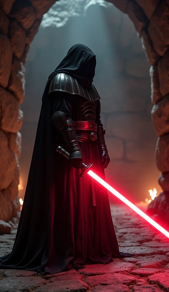 (masterpiece:1.2), (Highest quality:1.2), 8k, High resolution, Super detailed, ((Realistic)), Professional Light, Cinema Lighting, Fashion Photography, Ambient Lighting, background, Dark medieval dungeon, darkness, Spectacular photos, fire, stage, Sith Lord in cloth armor, He holds a red light saber. face is hidden.