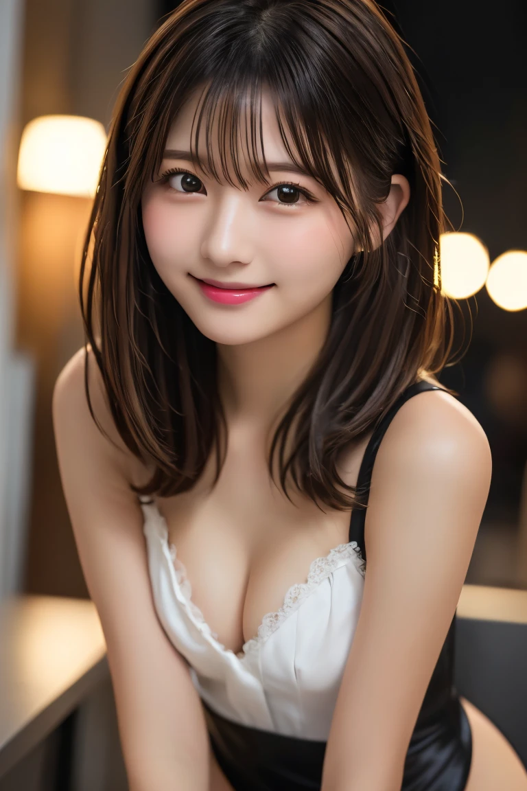 Highest quality, (beautiful)、beautiful女性、Precision Eyes、Brown Hair、Brown eyes、Looking into the camera、Soft Breasts、Medium Hair、Inward curl hair、Straight Hair、Black bunny girl costume、smile、Leaning forward、Leaning forward