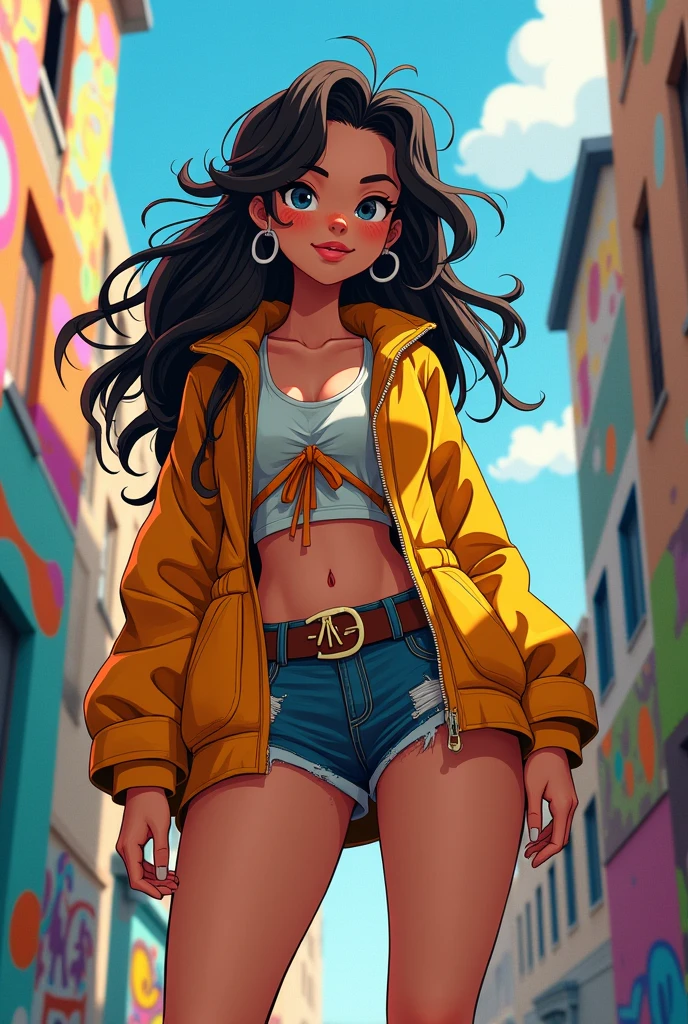 Long, messy hair２A dimensional
Oversized outer wear with a tie
Shorts with exposed thighs